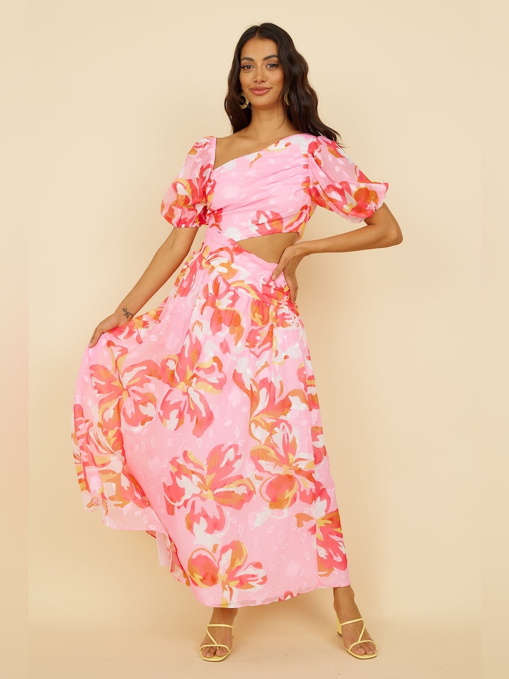 All About May NWT Jessica Drop Pink Floral Off-Shoulder Puff Sleeve Midi Dress